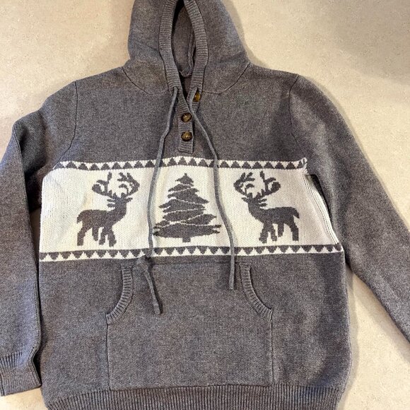 Men's Winter Hoodie sweater Medium Grey & White Pocket Deers and tree Christmas - Picture 1 of 10